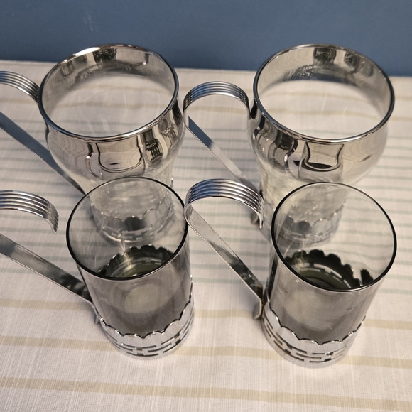 Vintage Libbey Federal Glass Chrome Coffee Tea Cups Set - Picture 1 of 9